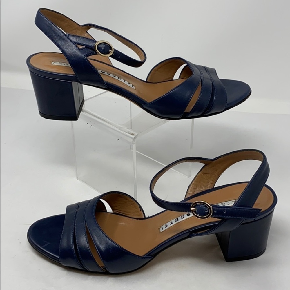 Fratelli Rossetti Sz 39 Low Block Heel Navy Leather Open Toe Sandals